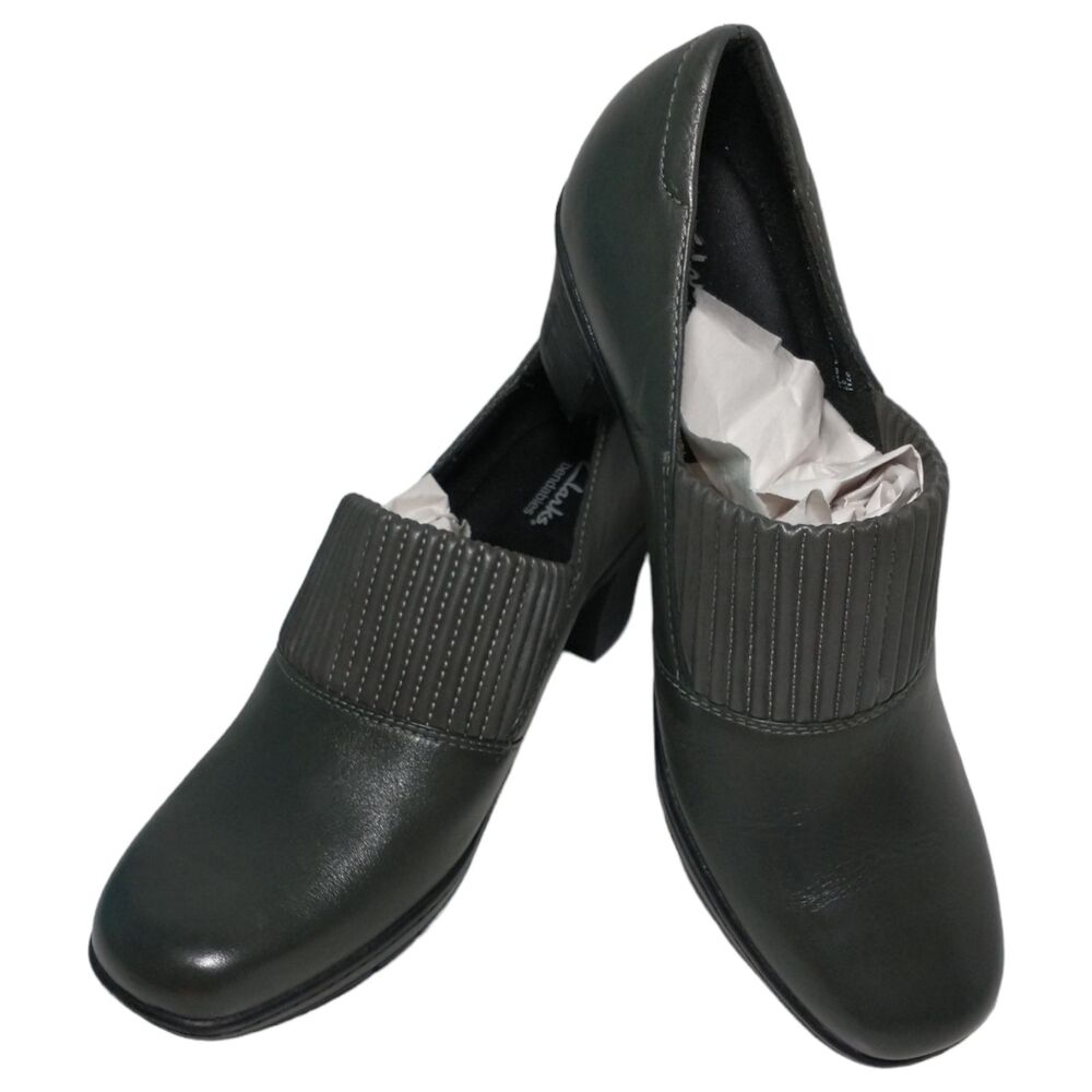 Clarks Womens Bendables Gray Leather Size 8.5M Thoughtful Q Comfort Block Heels - Picture 2 of 9